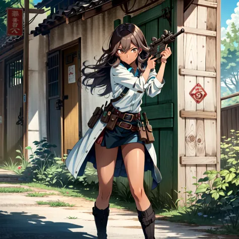 14-year-old girl、((Dark Skin))、((Brown skin))、Happiness、Serious、Black Diamond、battlefield、Defensive battle、equipped with a machine gun、Determination to Defend Absolutely、Put your finger on the trigger、Battle at Sunset、Gunfight