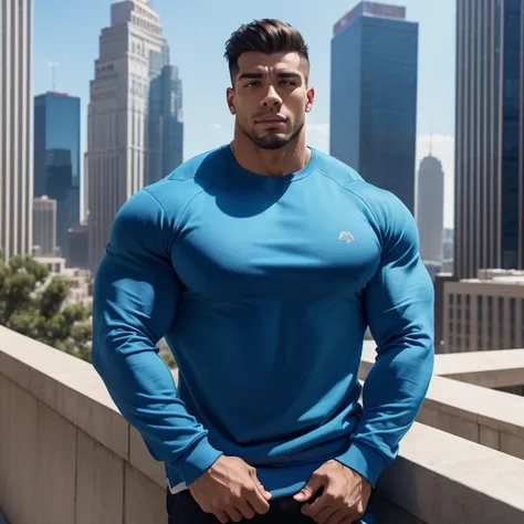 a very handsome young man, massively muscular, with massively large muscles, with massively large biceps, with massively large arms, wearing a simple blue sweatshirt with long sleeves, on top of a building, sunny day, I visit closely