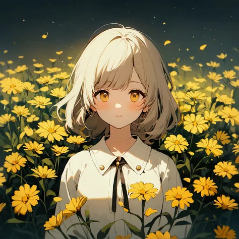 A woman surrounded by yellow flowers, simple, nostalgic