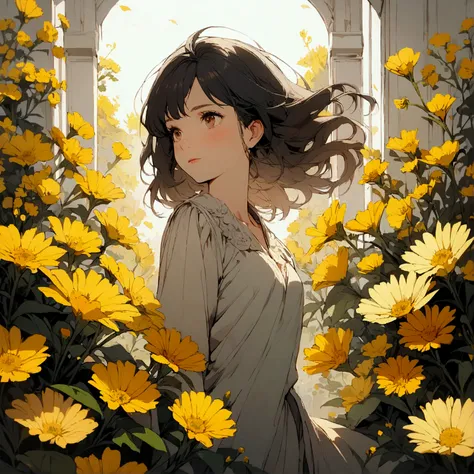 A woman surrounded by yellow flowers, simple, nostalgic