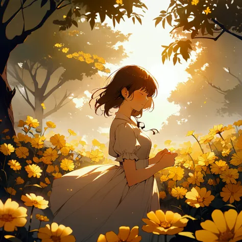 A woman surrounded by yellow flowers, simple, nostalgic