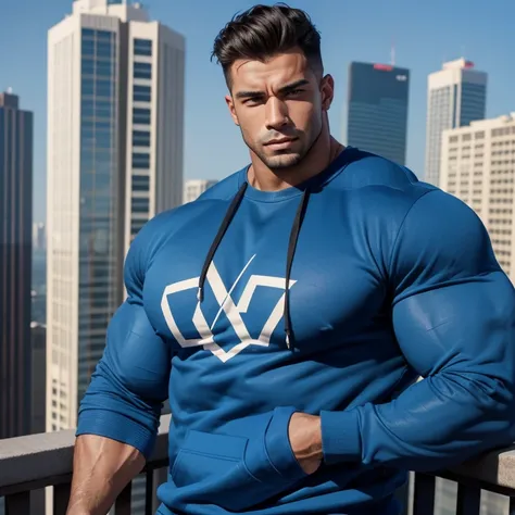 a very handsome young man, massively muscular, with massively large muscles, with massively large biceps, with massively large arms, wearing a simple blue sweatshirt with long sleeves, on top of a building, seen close up