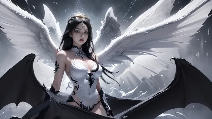 Emphasis on wings, gods and devils, white and black., (Realistic picture, highest resolution, 16ก), (A demon god with wide wings and enormous power on his shoulders..., Twelve wings on the shoulders., black bat wings:1.3 white angel wings:1.5), 6 angel win...