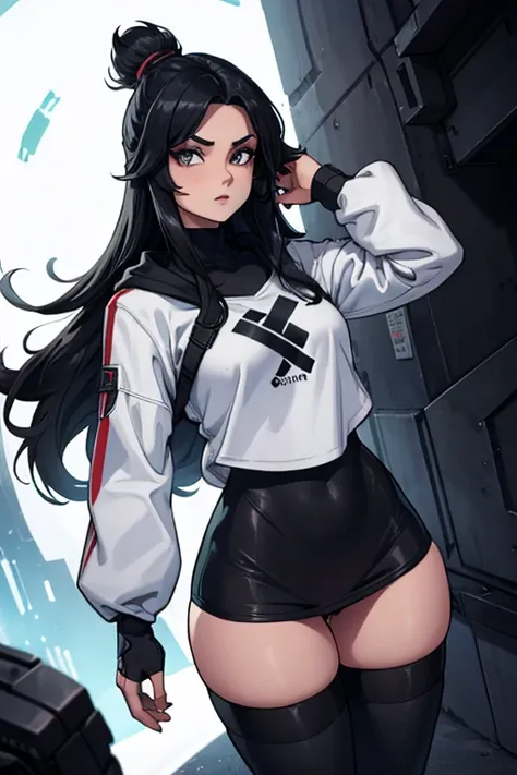 Age 22, White skin girl, , Bblack hair, extremely long hair, , sweatshirt clothes, futuristic armor, Female One, short preto, blackstockings, Women&#39;black sneakers, Bblack hair, hair between the eyes, Bblack hair, cloused mouth, range, cabelo bagunçado ...