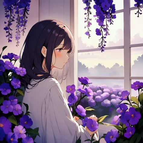 A woman surrounded by purple flowers, simple, nostalgic