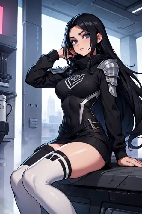 Age 22, White skin girl, , Bblack hair, extremely long hair, , sweatshirt clothes, futuristic armor, Female One, short preto, blackstockings, Women&#39;black sneakers, Bblack hair, hair between the eyes, Bblack hair, cloused mouth, range, cabelo bagunçado ...