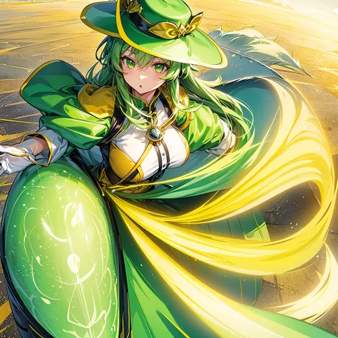 1girl、Dynamic composition、Yellow-green laser、(((Best Quality、Masterpiece、Official Art、Anime Style、The best dynamic composition、超detailed)))、Shine Muscat personification，Yellow-green hunting hat and coat，Light soft color coat and hat，Super huge、detailed、who...