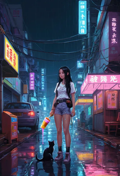 (pixel art_1.1)1 girl,Very long hair,night,street,kitty,small puddle,rain,neon lights,Hong Kong,cyberpunk,Eating popsicles,Insert pocket,belt,Short sleeve,WHITE