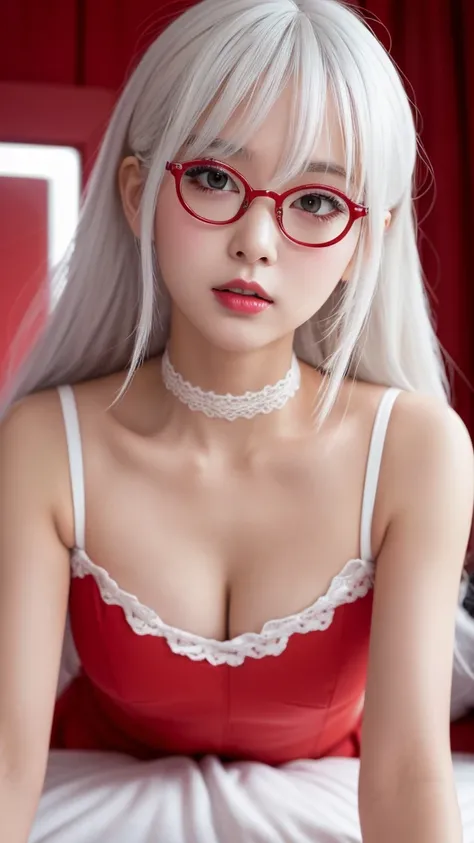 (all fours), (Looking at viewer), (Highest quality), (Ultra-high resolution), (Realistic), Japanese, 1girl, cute, embarrassed, japanese style room, white hair, lipstick, eyeshadow, eyeliner, blushing cheeks, choker, red frame eyewear