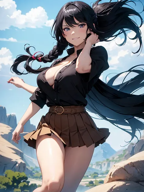 a  woman love and hate gleek godess running over a colorful desert, illustration by makoto shinkai,huge braid ponytail,black hair,bewitching smile,thin blouse,flair skirt,huge gigantic busty body woman,(A hyper-realistic), (Illustration), (High resolution)...