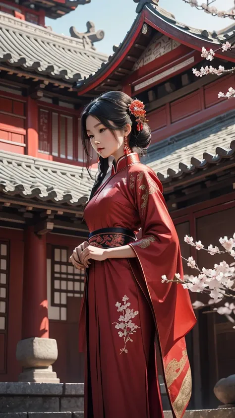 chinese ancient style，Girl in a red dress，+Graceful posture,Beautiful Face,Delicate embroidery on costumes,Ancient court scenery,Scattering cherry blossoms,Mysterious ancient structure,Glazed tile roof,Bluestone Road,Powerful ink painting style，Beautifully...