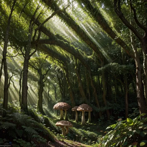 a mystical forest, giant magical trees, glowing mushrooms, overgrown vines, sunbeams piercing through the canopy, fantasy landscape, intricate details, lush vegetation, vibrant colors, whimsical atmosphere, dramatic lighting, surreal and dreamlike