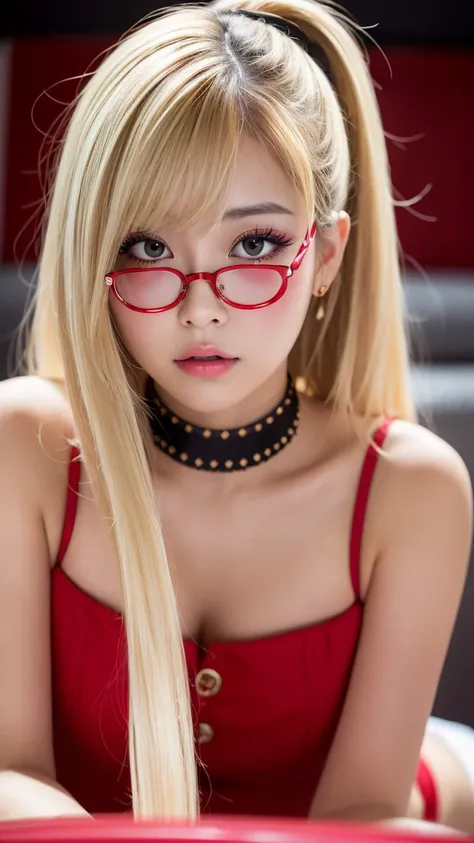 (all fours), (Looking at viewer), (Highest quality), (Ultra-high resolution), (Realistic), Japanese, 1girl, cute, embarrassed, japanese style room, blonde hair, lipstick, eyeshadow, eyeliner, blushing cheeks, choker, red frame eyewear