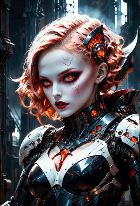 a portrait of mecha female vampire in a dark gothic cyberpunk church, an exotic exquisite beautiful mecha female vampire, dynamic hair color, short hair, dynamic eyes color, intense eyes,  glowing eyes, dynamic eyes color, wearing intricate mech armor, del...