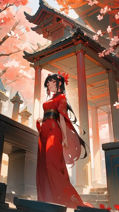 chinese ancient style，Girl in a red dress，+Graceful posture,Beautiful Face,Delicate embroidery on costumes,Ancient court scenery,Scattering cherry blossoms,Mysterious ancient structure,Glazed tile roof,Bluestone Road,Powerful ink painting style，Beautifully...