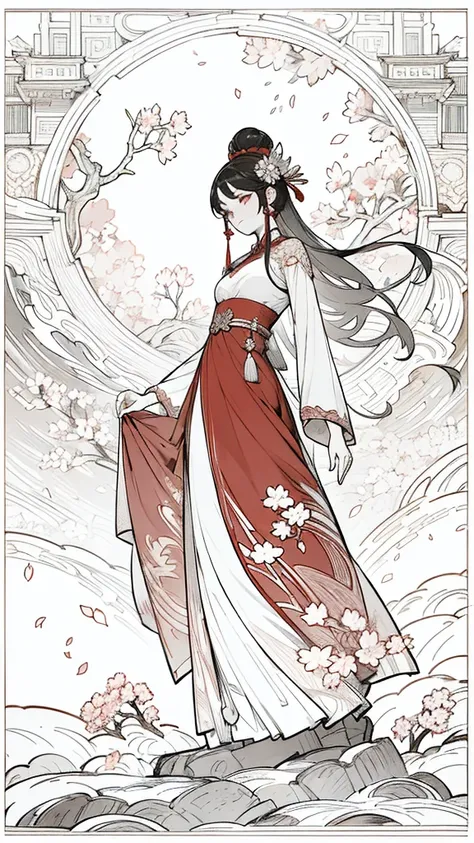 chinese ancient style，Girl in a red dress，+Graceful posture,Beautiful Face,Delicate embroidery on costumes,Ancient court scenery,Scattering cherry blossoms,Mysterious ancient structure,Glazed tile roof,Bluestone Road,Powerful ink painting style，Beautifully...