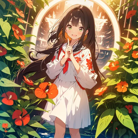 kawaii, anime, Cute, hyper quality, highly detailed, 8k, Clarity, Draw facial expressions in detail, Girl with long dark brown hair and green eyes, Anthurium at my feet, raise the index fingers of both hands, red anthurium in the background, celebration, s...