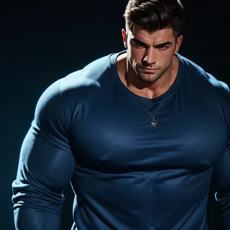 a very handsome young man, massively muscular, with massively large muscles, with massively large biceps, with massively large arms, wearing a simple blue sweatshirt with long sleeves, on a black illuminated background