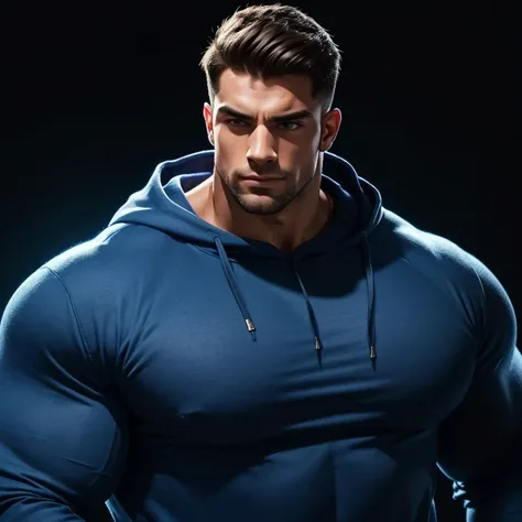 a very handsome young man, massively muscular, with massively large muscles, with massively large biceps, with massively large arms, wearing a simple blue sweatshirt with long sleeves, on a black illuminated background