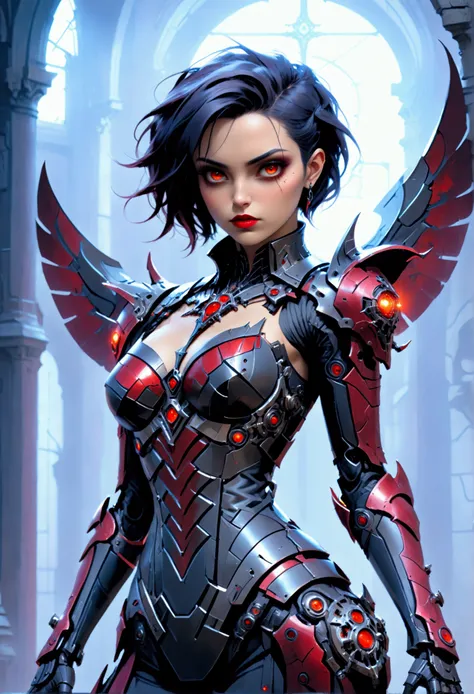 a portrait of mecha female vampire in a dark gothic cyberpunk church, an exotic exquisite beautiful mecha female vampire, dynamic hair color, short hair, dynamic eyes color, intense eyes,  glowing eyes, dynamic eyes color, wearing intricate mech armor, del...