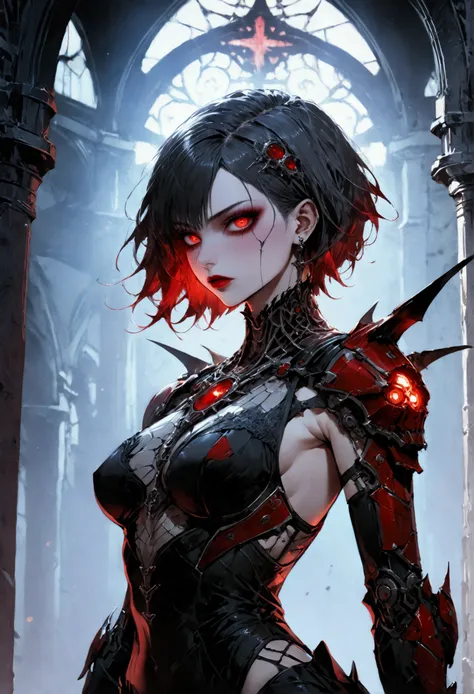 a portrait of mecha female vampire in a dark gothic cyberpunk church, an exotic exquisite beautiful mecha female vampire, dynamic hair color, short hair, dynamic eyes color, intense eyes,  glowing eyes, dynamic eyes color, wearing intricate mech armor, del...