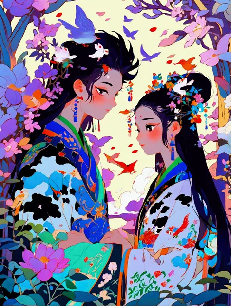 (((8k，bright colors，bright，ultra high saturation，rgb, colorful))), chinese style，(boy and girl in love:1.5)，(flat poster design)...