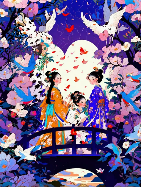 (((8k，bright colors，bright，ultra high saturation，rgb, colorful))), chinese style，(boy and girl in love:1.5)，(flat poster design)...