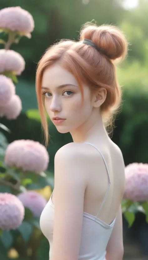 (cinematic photo: 1.3) of (In fact: 1.3), (convenient: 1.3) ,wide shot a  beautiful 16 year old girl, (difficult messy bun of light ginger hair), highly detailed leather texture, skinny shoulofrs, realistic skin texture, look directly into the camera, (loo...