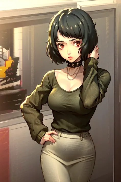 (masterpiece, best quality:1.2), , solo, 1girl, two heads, kawakami sadayo, expressionless, closed dmouth, looking at viewer, hand in own hair, yellow shirt, long sleeves, pencil skirt, next to Persona5TaeTakemi