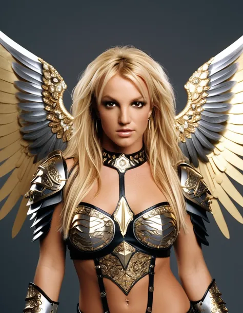 britney spears with wings on, cute outfit, dazzling armor, beautiful armor, intricate costume design, fantasy clothing, very sty...