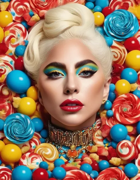 lady gaga, dolceland, comely, vibrant colors dolceland wonderland gouache swirls detailed candy art style! eccentric, playful an...