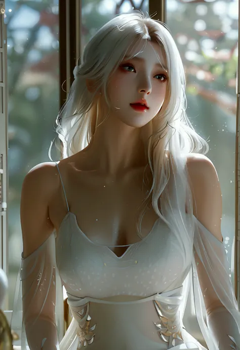 4K, UHD, Masterpiece, 1 woman, perfect body, Good page., long hairมาก, ((white skin)), Korean dress, bare waist, Fuji Color, window, depth of field, Ray Tracing, Ultra Realistic Details, Attractive poses,She has a slim, beautiful, and delicate face.., shar...