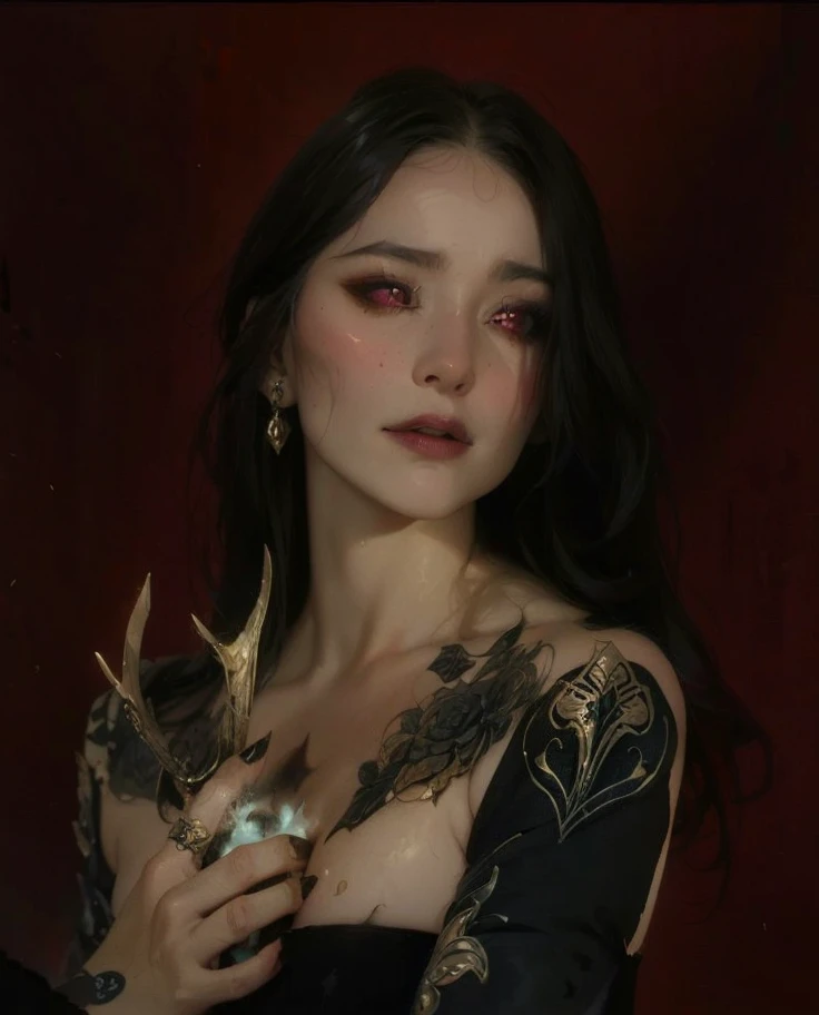 hyper detailed gouache painting, traditional media illustration, character concelt,portrait of a gorgeous woman, demon girl, hor...