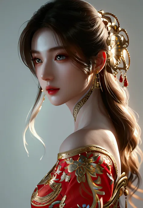 4K, UHD, Masterpiece, 1 woman, perfect body, Good page., long hairมาก, ((white skin)), red chinese dress, bare waist, depth of field, Ray Tracing, Ultra Realistic Details, Attractive poses,She has a slim, beautiful, and delicate face.., sharp eyes, long ha...