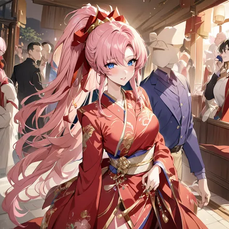 ((Highest quality)), ((masterpiece)), (detailed), （Perfect Face）、The woman is Lacus Clyne, with blue eyes and semi-long pink hair tied up in a ponytail. She is dressed in a gorgeous red wedding kimono with gold embroidery and trim, and is adorned with gorg...