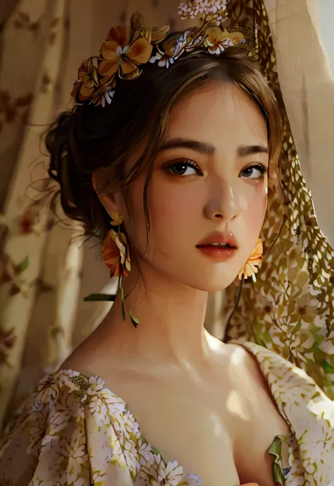 Highest quality, Masterpiece, high resolutionเป็นพิเศษ, (realistic: 1.4) 1 woman, beautiful_face, Fine skin, full body, decorate, alone, palace, queen, earring, Blurry, realistic, lips, (tangled: 1.2), (flower: 1.4), big breasts, The navel is exposed, pain...