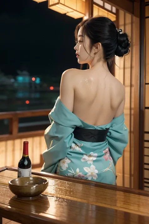 (((best quality))),(((ultra detailed))),(((masterpiece))),illustration,((1 beautiful Japannese girl,solo)),((slim,thin)),((shoulder off,strapless,bare back,towering hips,butt crack)),(in izakaya:1.3),(summer:1.2),(rainy:1.3),(indoor:1.2),(night scene:1.3),...