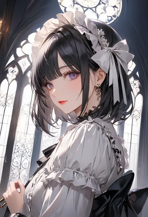 (top-quality),(masuter piece),Delicately drawn face,girl with a pretty face,beautiful detailed eyes,White Gothic Lolita Fashion,((Black and white costume)),(Beautiful silky black hair:1.2),white ribbon hair ornament,Film Lighting,in White Gothic room