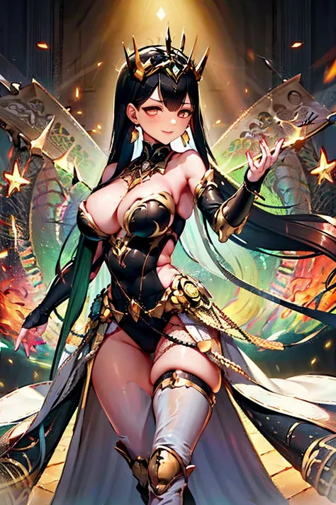 black hair, bare shoulder, red eyes, very long hair, cleavage, large breasts, dress, showgirl skirt, high-leg, cleavage cutout, tiara, bare thighs, gauntlets, bare shoulder, perfect hands, perfect fingers,