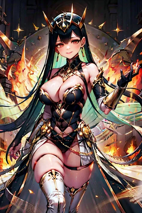 black hair, bare shoulder, red eyes, very long hair, cleavage, large breasts, dress, showgirl skirt, high-leg, cleavage cutout, tiara, bare thighs, gauntlets, bare shoulder, perfect hands, perfect fingers,