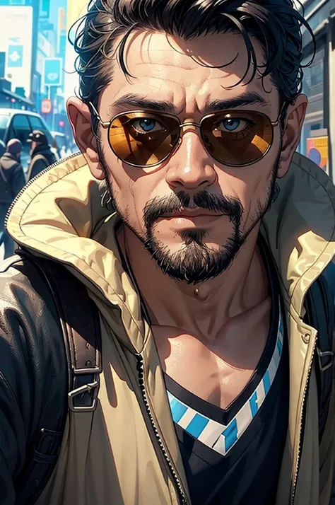 Close-up of a man wearing sunglasses, หน้าตาแบบ Joel Hicks, Epic Fantasy D & Good Hobbit Rogue, After the world ends explorer, Nicodemus, middle aged man, Old Cyberpunk Man, After the world ends, To D & letter D, john, wizard, wise, No hats.