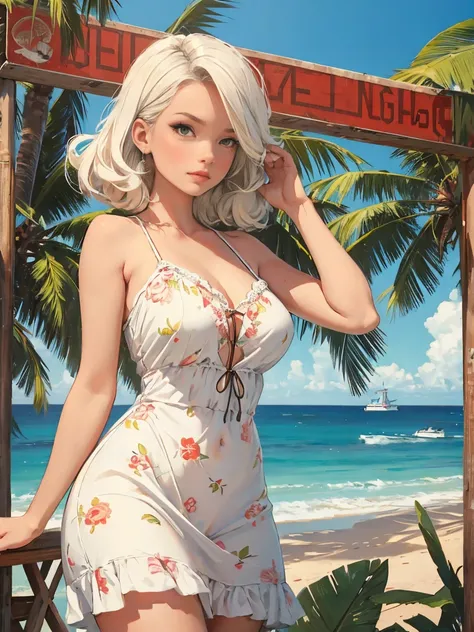 Old retro poster, soviet union,  caribbean coast, neon, photo shoot, 1 Super hot gorgeous woman. 23 years old.  Short white wavy hair, Expressive breasts, Wearing a white sundress with floral patterns on the fabric, Fashionista, 80&#39;s, High resolution