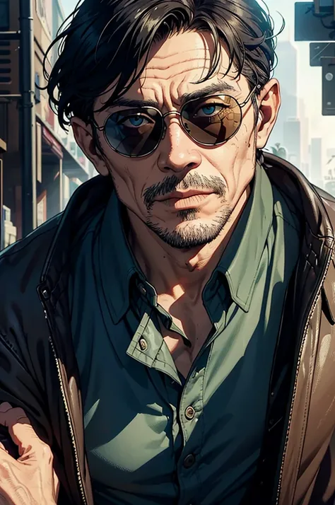 Close-up of a man wearing sunglasses, หน้าตาแบบ Joel Hicks, Epic Fantasy D & Good Hobbit Rogue, After the world ends explorer, Nicodemus, middle aged man, Old Cyberpunk Man, After the world ends, To D & letter D, john, wizard, wise, No hats., dirty man