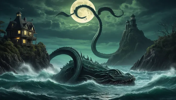 a picture, taken from a boathouse with a giant sea serpent, that comes out of the water, lovecraftian atmosphere, cthulhu rises ...