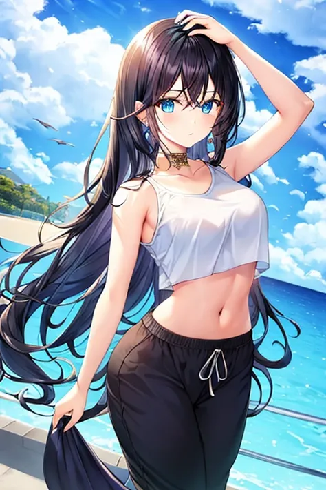 black hair, girl, blue eyes, long hair, crop top, dolphin pants