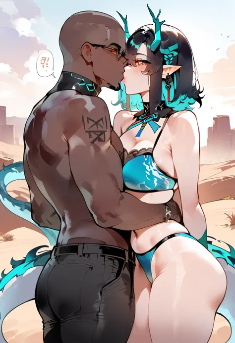 Score_9, score_8_up, score_7_up, 1boy, kissing, 1girl, dusk (arknights), arknights,(Masterpiece, Best Quality), The newest one,  turquoise bikinis, The original lasts, , by nyantcha, black fur, horns, por omone shopping agm, white dragon tail, evening,dese...