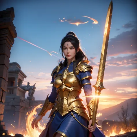 arafed female warrior with a sword and a fire, a character portrait by senior character artist, Artstation contest winner, fantasy art, the god athena, pretty female cleric, unreal engine render + a goddess, female cleric, appears as the fire goddess, as a...