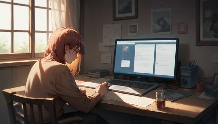 a girl in lofi style at a table with a computer facing a window studying, it&#39;s raining, It&#39;s 5 o&#39;clock in the morning, a mug of coffee next to the computer, she is wearing warm clothes in cold weather, socks and cold cap, a cute cat next to her...