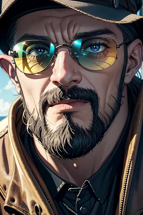 Close-up of a man wearing sunglasses, Looks like Karl Heisenberg, Epic Fantasy D & Good Hobbit Rogue, After the world ends explorer, Nicodemus, middle aged man, After the world ends, To D & letter D, john, wizard, wise, No hats., Dress like a medieval pers...