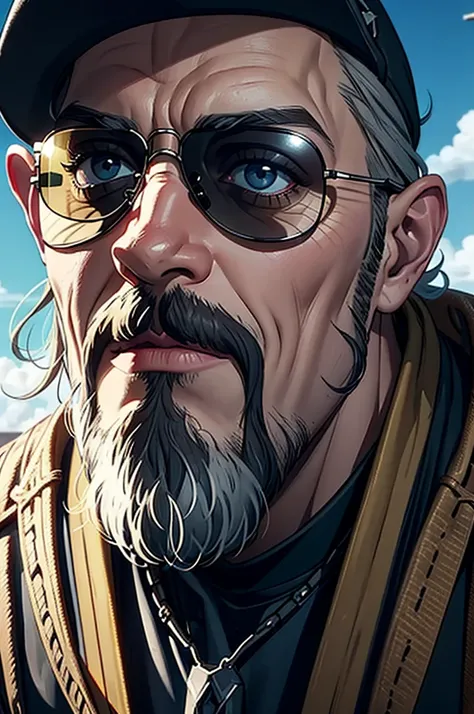 Close-up of a man wearing sunglasses, Looks like Karl Heisenberg, Epic Fantasy D & Good Hobbit Rogue, After the world ends explorer, Nicodemus, middle aged man, After the world ends, To D & letter D, john, wizard, wise, No hats., Dress like a medieval pers...